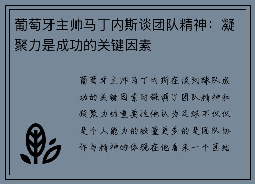 葡萄牙主帅马丁内斯谈团队精神：凝聚力是成功的关键因素